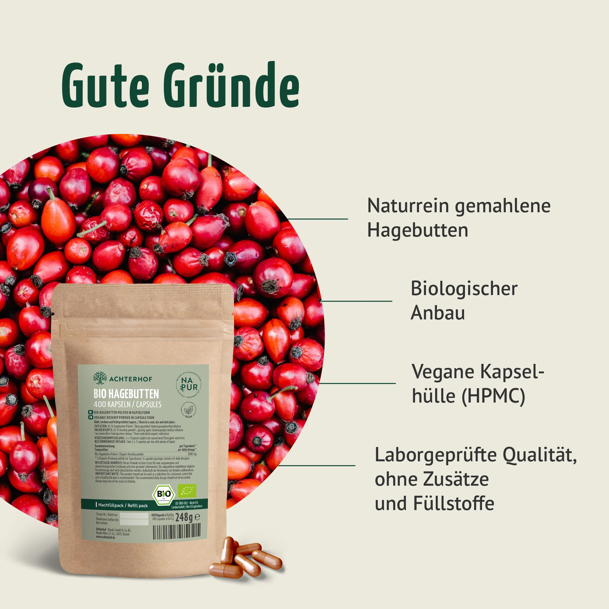 Bio Hagebutten Kapseln Nachfüllpack (400 Kapseln) - Image 3