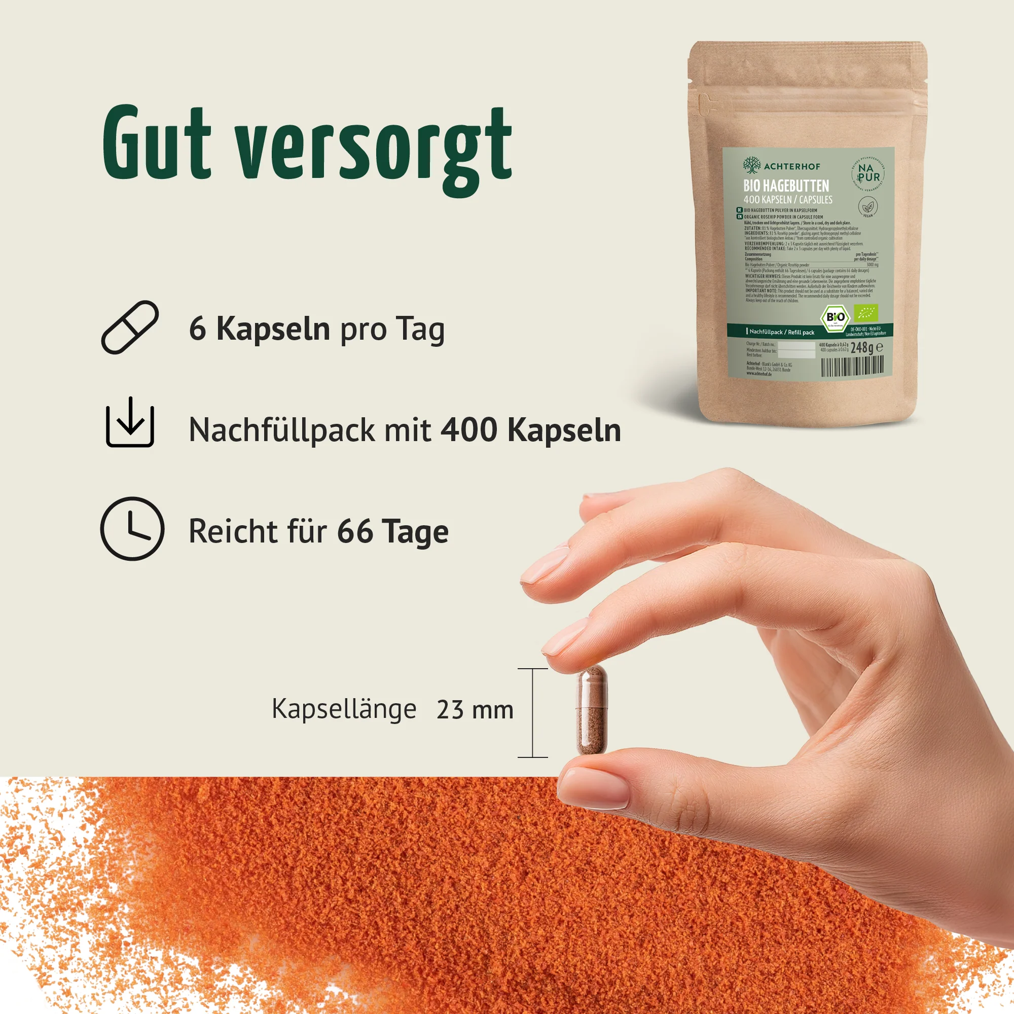 Bio Hagebutten Kapseln Nachfüllpack (400 Kapseln) - Image 4